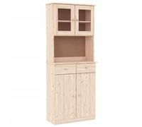 Large Highboard White Solid Pine Wood Large Highboard Rectangular, Loads of Internal Space, Look, Glass Panel Doors, Quick Wall Mount Installation, 4 Doors, Living Room Storage, (Natural)
