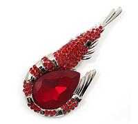 Large Hot Red Crystal Prawn Brooch (Silver Tone Metal)