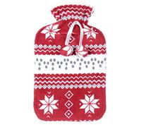 Large Hot Water Bottle With Soft Fleece Cover Red White Fairisle Nordic Snowflake Pattern Pom Poms For Winter Nights Heat Therapy Bed Sofa Comfort Sleep Removable 2 Litre Natural Rubber 35cm
