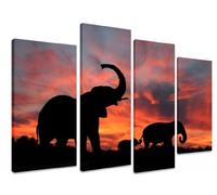 Large / Huge Multi Split Panel Canvas Artwork Art - Elephants fiery sky silhouette - Africa Safari Style - ART Depot OUTLET - 4 Panel - 101cm x 71cm (40"x28")