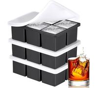 Large Ice Cube Tray Set with Lid, Food Grade Silicone 6 Square Moulds, 3-Pack, Stackable Design for Cocktails and Whiskey