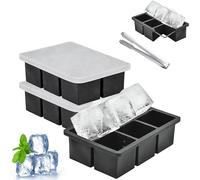 Large Ice Cube Trays for Whiskey - Silicone Ice Cube Molds with Steel Frame Reinforcement & Lid & Tongs, 2-Inch Square Ice Cubes for Whisky, Cocktails, Coffee, Tea - Easy Release