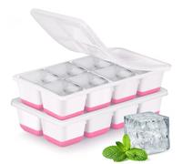 Large Ice Cube Trays with Lid, Jrisbo 2 Pack Stackable Silicone Ice Cube Molds for Freezer, Easy Release 16 Big Square Ice Trays for Whisky Cocktails (Pink)