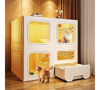 Large Indoor Cat Enclosure with Transparent Windows, 2 Tiers Cat House for Indoor Cats - Multi-Feature Enclosed Cat Condo with Litter Box Drawer and Knob Locks (Yellow)