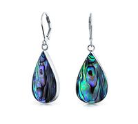 Large Iridescent Rainbow Abalone Shell Natural Pear Shaped Teardrop Dangle Lever back Earrings For Women Teen .925 Sterling Silver