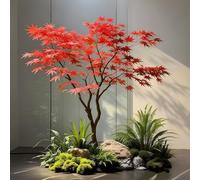Large Japanese Red Maple Faux Tree - Artificial Silk Leaves with Natural Wood Trunk for Home Decor, Wedding Event, Indoor/Outdoor, Farmhouse Decor