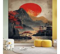 Large Japanese Red Sun Mountain Forest Wallpaper, Lake Nature Landscape Wall Murals PVC Waterproof, Asian Oriental Mural Peel and Stick Wall Decals for Living Room 390x260 cm