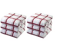 Large Jumbo Big Check 100% Cotton Terry Tea Towel Super Soft Kitchen Cleaning Soft Dish Cloth for Catering, Restaurant & Bar (Red, 12)