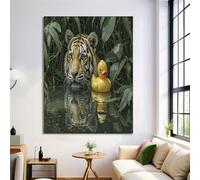 Large Jungle Animals Style Painting Art Tiger Rubber Duck Pattern Green Poster Canvas Painting, Living Room Wall Art Pictures Bathroom Home Decoratine Frameless (12x16in)