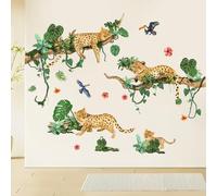 Large Jungle Animals Wall Decals, Leopard Tropical Leaves Wall Stickers, Safari Animals Window Decals, Nursery Baby Kids Room Background Wall Decor