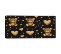 Large Keyboard Mouse Pad for Desk, Cartoon Golden Bear and Love Hearts Star Stitched Edges Mouse Mat Desk Pad 35.5 x 16 in Mouse Pads for Computer Laptop Office Decor