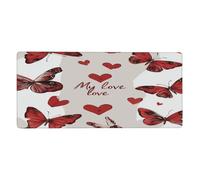 Large Keyboard Mouse Pad for Desk, Red Butterfly Love Hearts Stitched Edges Mouse Mat Desk Pad 35.5 x 16 in Mouse Pads for Computer Laptop Office Decor