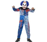 Smiffys Deluxe Sinister Clown Costume, Blue with Jumpsuit, EVA Mask, Attached Brain & Hair, Halloween Child Fancy Dress, Clown Dress Up Costumes