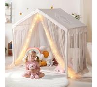 Large Kids Play Tent, Toddlers Playhouse with Star Windows & Breathable Mesh Curtains, Breathable Castle Tent for Indoor Outdoor, Gift for Boys & Girls(Beige)