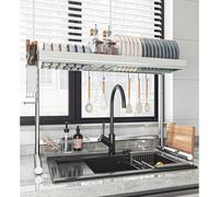 Large Kitchen Dish Drying Rack, Space-Saving Double Layer Storage Shelf with Draining Tray, Efficient Countertop Solution