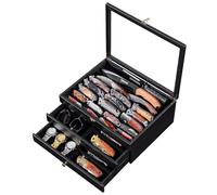 Large Knife Display Case, Large 3-Tier Wooden Pocket Knife Organizer with Glass Lid & Drawers, Storage Box for Folding Knife Collections, Ideal Men's Gift(Black)