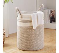 Large Laundry Basket, High Woven Storage Basket for Blankets, Cotton Basket for Baby Room, for Organizing Toys and Dirty Clothes in Bedroom and Living Room, 58L, Brown and White
