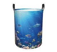 Large Laundry Basket Tropical Turtle Shark Washing Basket Collapsible Storage Basket Freestanding Tall Clothes Hamper Foldable Washing Bin for Toys Bedroom