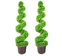 120Cm Pair Of Green Large Leaf Spiral Topiary Trees With Decorative Planters, Green