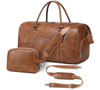 Large Leather Duffel Bag for Travel, Weekender Bag for Men or Women with Shoe Compartment, Waterproof Carry On Bag with Toiletry Bag, Travel Tote Bag Gym Bag with Luggage Strap, Brown, Travel Duffel