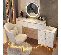 Large LED Lighted Vanity Desk Set Makeup Table with Adjustable Cabinet & Cushion Stool 3 Lighting Modes Stylish Dressing Table for Bedroom & Studio (White & Gold 47in)