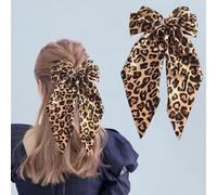 Large Leopard Hair Bows Barrette, Cheetah Print Bow Clips for Women, Vintage Silky Satin Long Tail Ribbon Barrette for Women and Girls Ponytail Hair Accessories (Leopard print yellow)