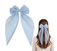 Large Light Blue Polka Dot Bow Hair Clip with Long Flowing Tails - Classic Fabric Hair Accessory for Women and Girls, Casual School Party Everyday Wear, Satin Statement Bow