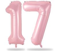 Large Light Pink 17 Balloon, Foil Number 1 & 7 Helium Balloons, 40 Inch Mylar Self Inflating Number 17 Balloon Pastel Pink for Girls 17th Birthday Party Decor Women Anniversary Decorations Supplies