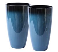 Large Lightweight Tall Plant Pots with Drainage Hole and Saucer, Set of 2 Plastic Planters Indoor Outdoor Flower Pot Tall Round Planters (Blue-Shiny Finish)