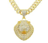 Large Lion Head Pendant Iced Out Bling Cuban Link Chunky Necklace Thick Chain Fake Diamond Animal Charm Choker Necklace for Men,Sparkly Luxury Rapper Cool Hip Pop Costume Jewelry 20", L, Stainless