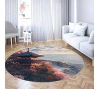 Large Living Room Round Area Rugs Soft Machine Washable Boho Farmhouse Carpet for Bedroom & Under Dining Table Non-Slip Floor Rug for Home Office Cherry Blossom Temple Mountain Landscape 240cm