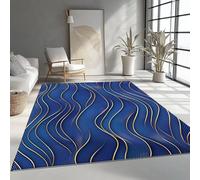 Large Living Room Rug 40x60 cm - Gold Lines Waves Machine Washable Rugs, Fluffy, Non-Shedding, Anti-Slip Carpet for Bedroom Office Dining Room Lounge - Blue