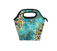 large lunch bag for women with Curved handle lunch box for work Water-Resistant cooler bag for Hiking Camping Golden Blue Leopard Print