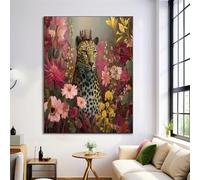 Large Luxe Cheetah Painting Art Magenta Dreamy Flowers Poster Canvas Painting For Living Room Wall Art Pictures Home Decorative Frameless (40X50Cm / 16X24In)