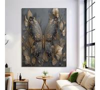 Large Luxury Painting Art Gray Gold Embossing Butterflies Leaves Poster Canvas Painting For Living Room Wall Art Pictures Home Decorative Aesthetics 20x28in Unframed