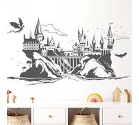 Large Magic Castle Dragon Wall Sticker Baby Nursery Children's Room Mountain Bird Cloud Landscape Wall Decal Bedroom Vinyl