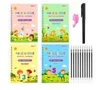 Large Magic Ink Practice Copybook for Kids 4 Reusable Grooved Hand Writing Books Caligraphy Beginners Set for Drawing Math Numbers English Alphabet 4 Books 1 Fountain Pen 10 Refills 1 Aid Pen Grips