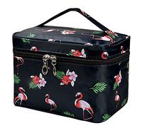 Large Make Up Organiser Bag, Portable Travel Cosmetic Bag Pouch, Flamingo Toiletry Wash Bag with Handle, Waterproof Makeup Storage Case, Vanity Bag for Women Ladies and Girls (Black)