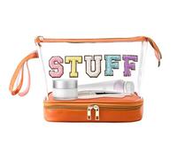 Large Makeup Bag - Clear Cosmetic Cosmetics Travel,Transparent Multi-Layer Cosmetic | Waterproof Dumpling, Embroidered Letter Toiletry for Going Out Gym Home Use (Brown)