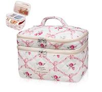 Large Makeup Bag, Cute Cosmetic Bag for Women Girls, Floral Coquette Aesthetic Toiletry Bag, Travel Make Up Organizer Bag, Two-Tier-Pink-Bow, Pink Flowers-1