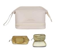 Large Makeup Bag, Double Layer Cosmetic Bag, Travel Makeup Bag, Waterproof Leather Cosmetics Organizer, Portable Travel Toiletry Bag for Women and Girls, Beige, It Will Neatly Organize All Your Beauty