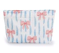 Large Makeup Bag for Purse, Blue Stripe Pink Bow Cosmetic Bag for Women Girls, Cute Pink Bowknot Canvas Travel Toiletry Bag Organizer, Aesthetic Coquette Makeup Pouch Cosmetic Pouch with Zipper