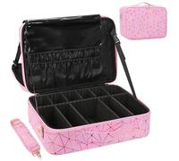 Large Makeup Bag Organiser Professional Makeup Bag Large Makeup Case with Adjustable Dividers, Adjustable Angle Fixed Belt and Shoulder Strap, Pink