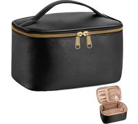 Large Makeup Bag Toiletry Bag, Leather Vanity Case for Water-Resistant, Flat Lay Makeup Bag with Compartments for Brush/Lipstick, Travel Make Up Bags for Women, Black