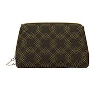 Large Makeup Bag Travel Cosmetic Organizer Leather Portable Waterproof Zipper Makeup Bag for Women and Teen Girls Golden Brown Geometric Pattern