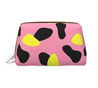 Large Makeup Bag Travel Cosmetic Organizer Leather Portable Waterproof Zipper Makeup Bag for Women and Teen Girls Pink Yellow Cow