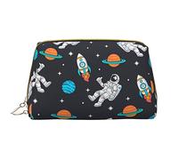 Large Makeup Bag Travel Cosmetic Organizer Leather Portable Waterproof Zipper Makeup Bag for Women and Teen Girls Space Man and Rocket