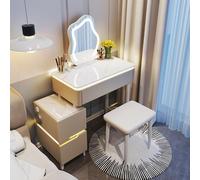 Large Makeup Vanity with Lights & Adjustable Bright Mirror, Gray Stool & Side Cabinet, Space-Saving Design for Girls & Women, Perfect for Small Rooms (71 x 41 x 77 cm)