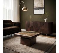 Large Mango Wood and Green Marble Square Coffee Table - Rana