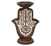 Large Mango Wood Candle Stand - Hamsa Design, 25x18cm - Eco-Friendly, Handcrafted Candle Holder for Protection & Positive Energy - Unique Grain Pattern, Perfect for Home Decor and Spiritual Spaces